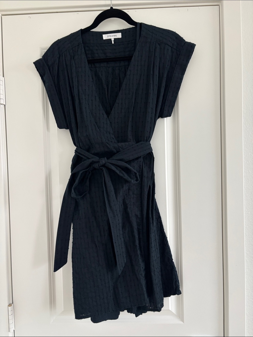 FRAME Black Textured Wrap Dress with Tie Waist